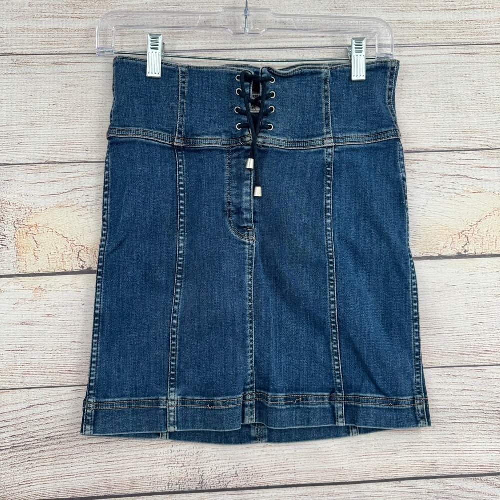 Free People Denim Mini Skirt Womens 4 Blue Lace Up High Waist Seamed